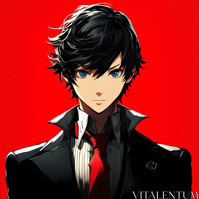 Anime Character in Black Suit with Red Tie AI Image