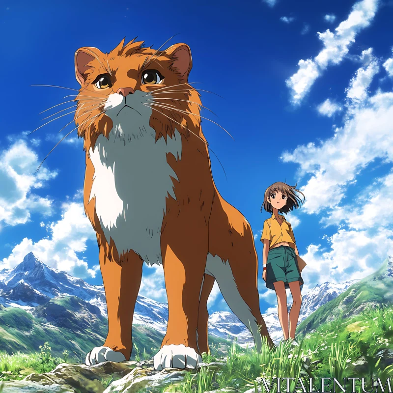 Surreal Anime Scene with Gigantic Cat AI Image