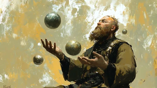 Portrait of Man with Floating Spheres