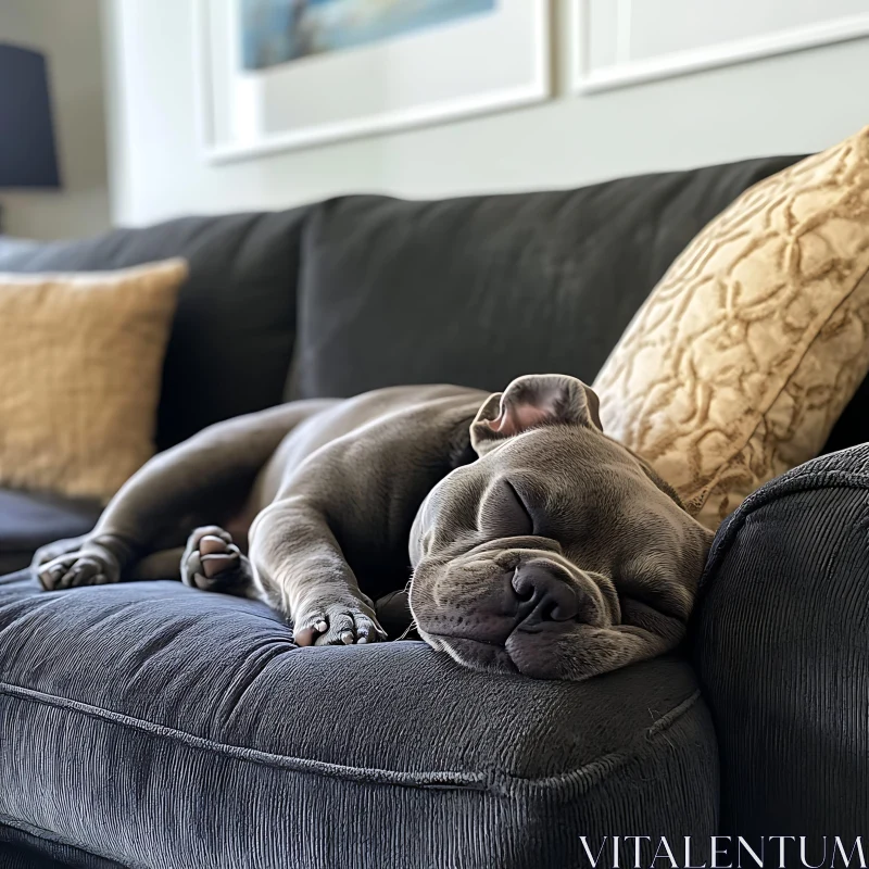 Serene Scene of a Sleeping Puppy on a Cozy Couch AI Image