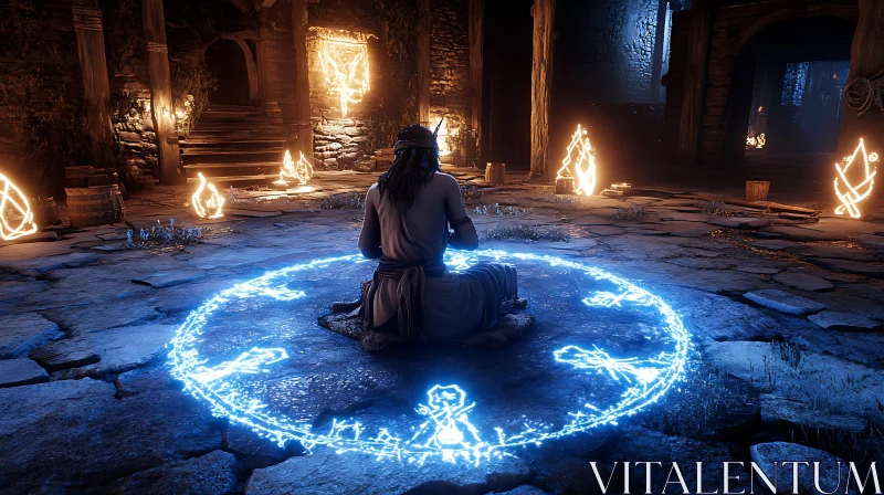 AI ART Glowing Circle Meditation in Ancient Chamber