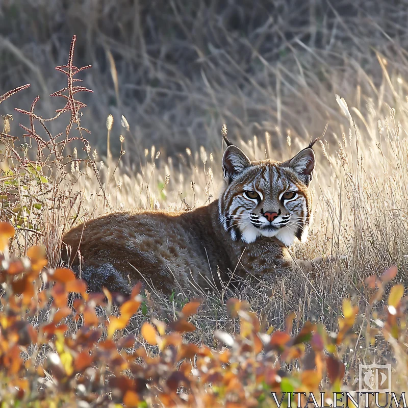 Wild Cat Resting in Grassy Field AI Image