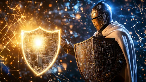 Cybersecurity Knight with Glowing Shield