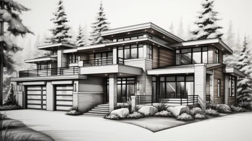 Monochrome Artistic Illustration of a Modern Home