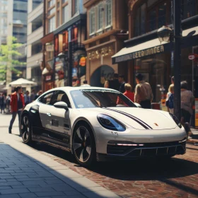 White Porsche in a Futuristic Victorian City Street
