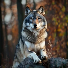 Wolf on Rocks in Autumn Forest