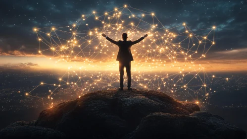 Silhouette with Golden Network Above City