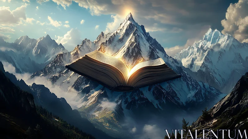 Floating Book in Mountainous Landscape AI Image