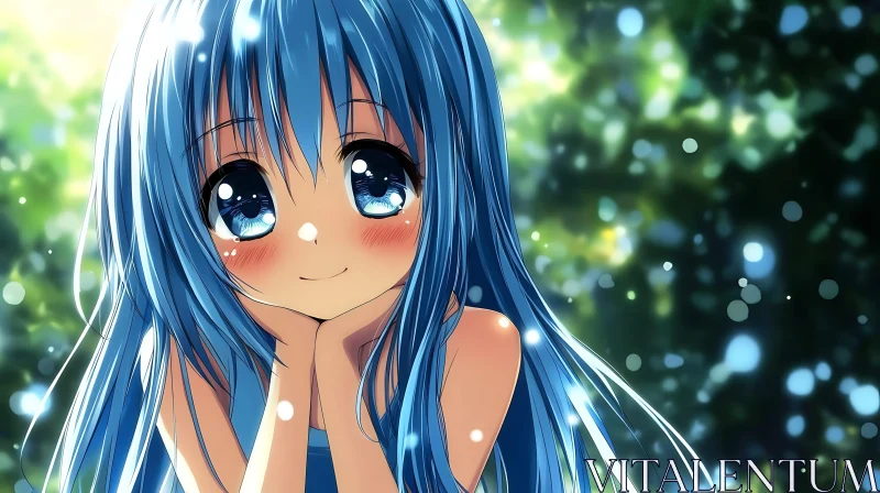 AI ART Adorable Blue-Haired Anime Character with Soft Smile