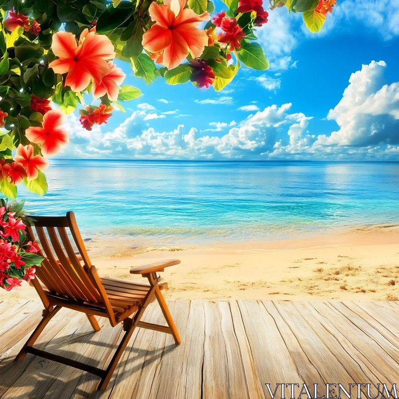 Tropical Beach with Flowers and Wooden Chair AI Image