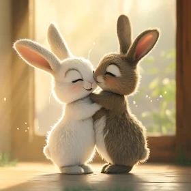 Two Bunnies Embracing in Cartoon Style