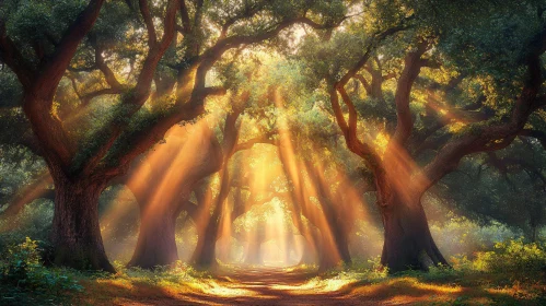 Sunlit Forest Trees and Path