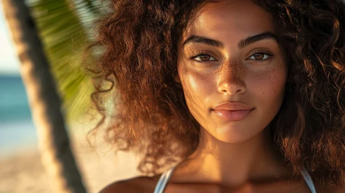 Beachside Glow: Woman with Curly Hair and Freckles