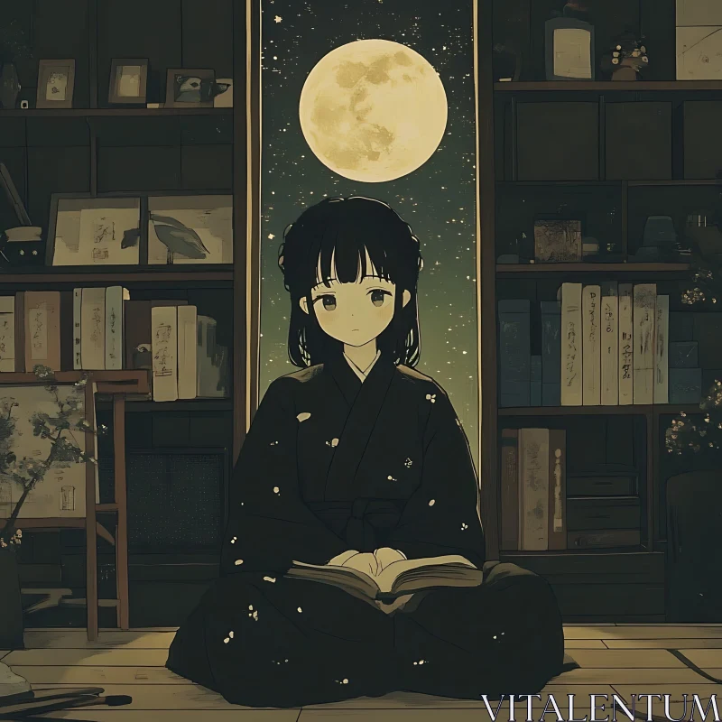 Calm Night: Anime Girl Under the Full Moon AI Image