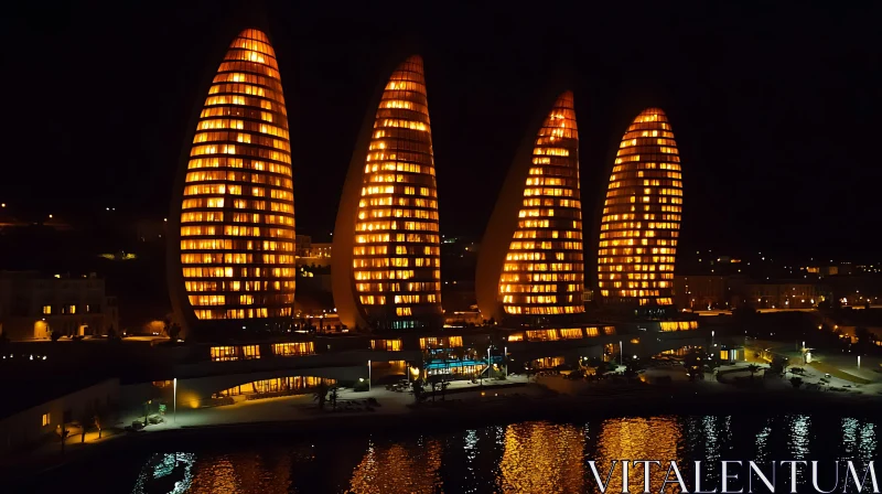 Curved Illuminated Architecture at Night AI Image