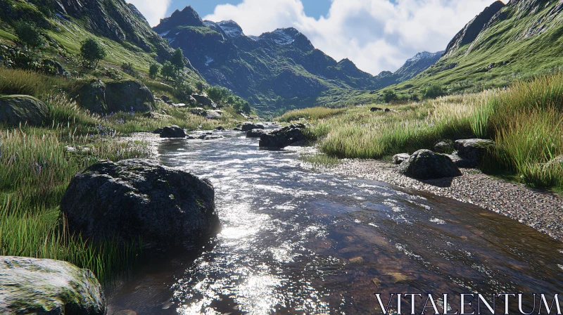 Tranquil Mountain River Landscape AI Image