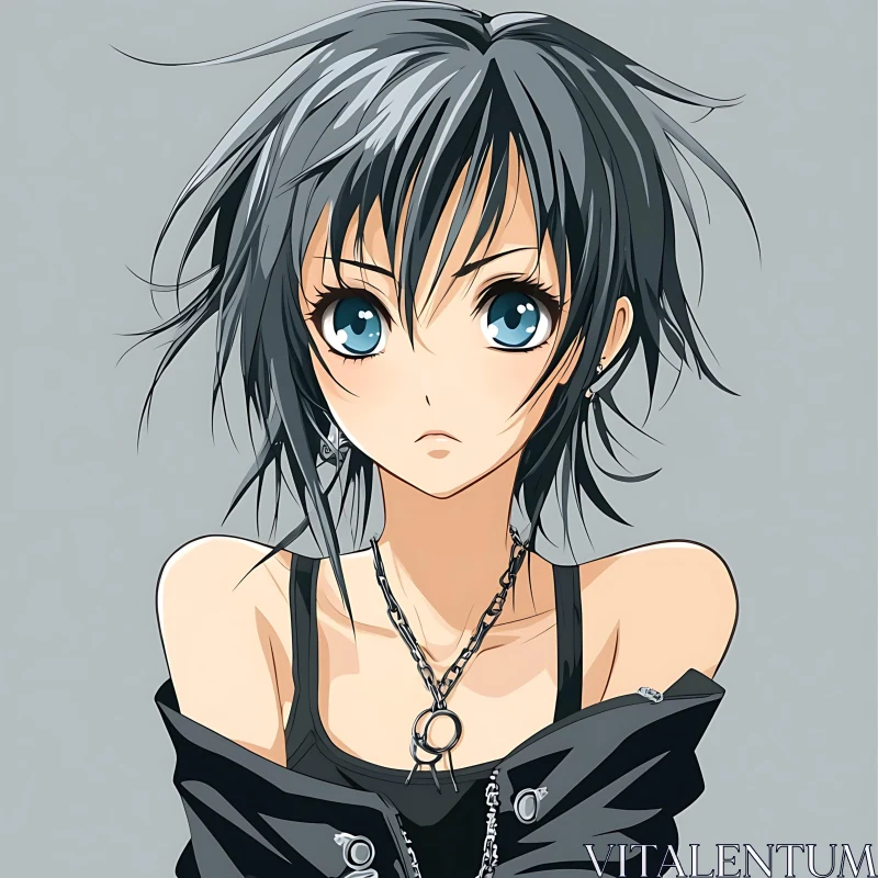 Cool Anime Girl with Blue Eyes and Black Hair AI Image