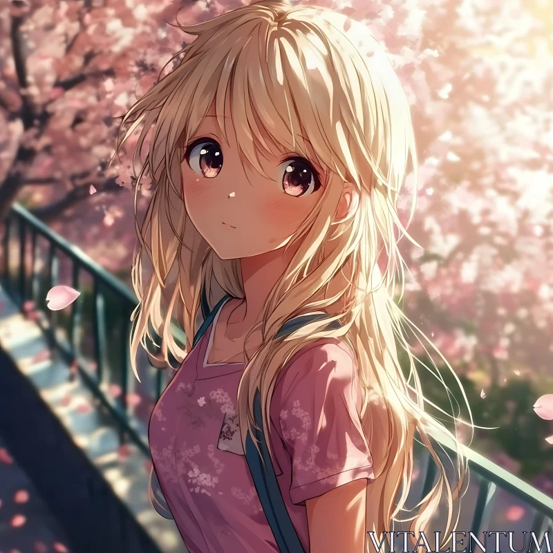 Cherry Blossom Anime Girl with Blond Hair AI Image