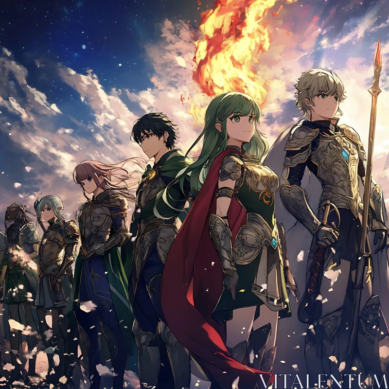 Anime Characters in Armor with Fiery Backdrop AI Image