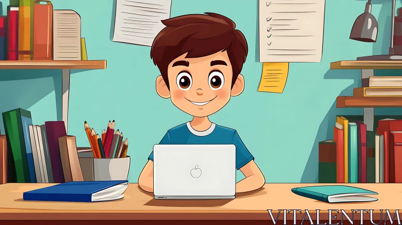 AI ART Cartoon Boy Studying with Computer