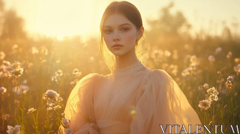 AI ART Sunlit Elegance: Woman in Flower Field