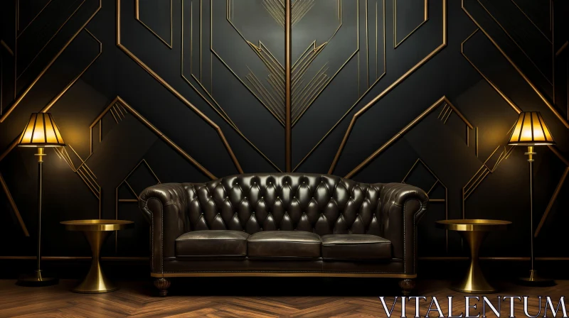 Art Deco Futurism: Black Couch and Gold Wall Art AI Image