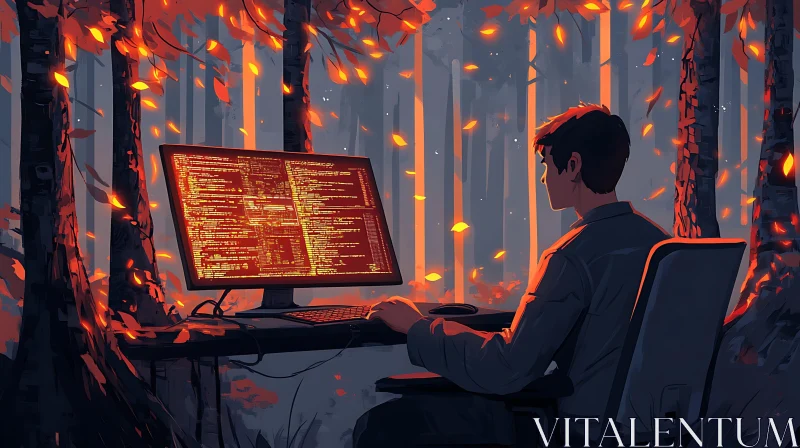 Serene Coding Session in Autumn Forest AI Image