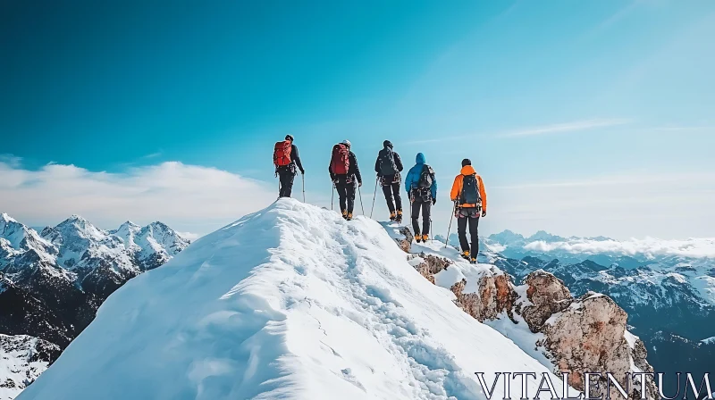 Mountaineers Climbing Snowy Mountain Top AI Image