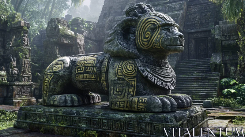 AI ART Jungle Ruins Stone Lion Sculpture