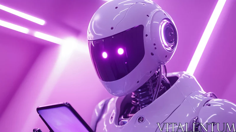 Cybernetic Robot with Tablet Under Purple Neon Lights AI Image