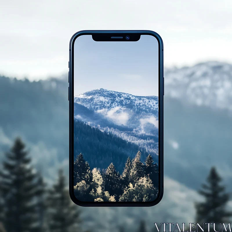 Snowy Peaks on Mobile Display AI Image