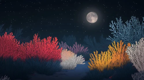 Night Coral Garden with Moon