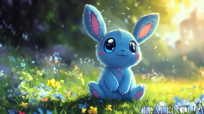 Whimsical Blue Rabbit in a Sunny Field AI Image