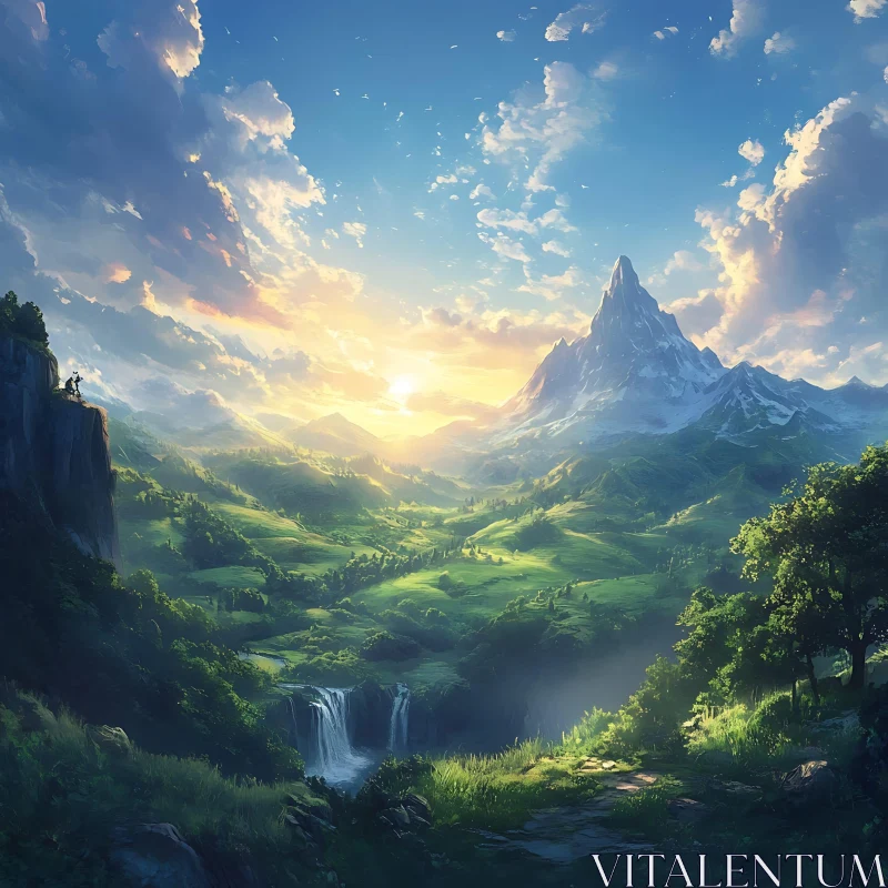 Verdant Valley Sunrise Mountain View AI Image