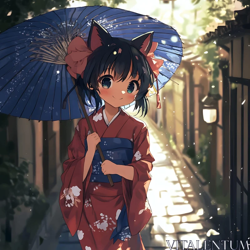 Japanese Alley with Anime Girl in Kimono AI Image