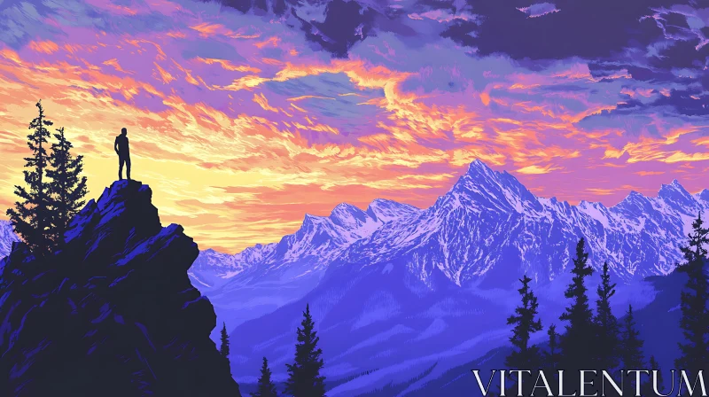 AI ART Silhouette on Mountain at Sunset