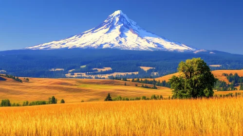 Snowy Mountain over Golden Field