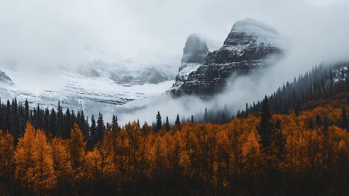 Snowy Peaks and Autumnal Forest View