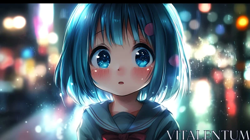 Night City Anime Art with Blue-Haired Girl AI Image