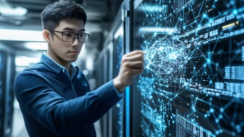 Man Interacting with Futuristic Data Network