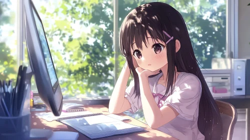 Pensive Anime Girl at Study Desk