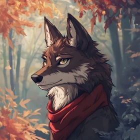 Autumnal Wolf Portrait with Red Scarf