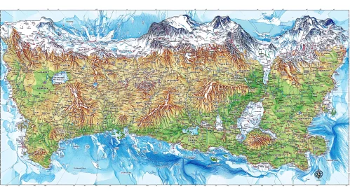 Geographic Relief Map with Snowy Peaks