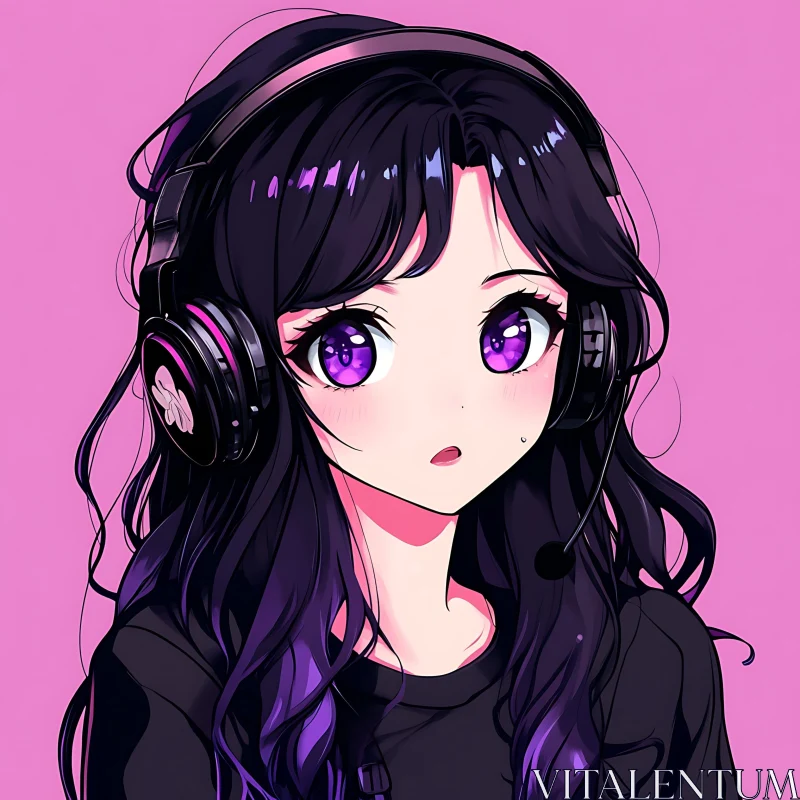 Charming Anime Girl with Long Hair and Headphones AI Image