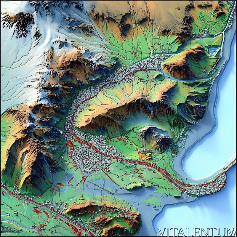 Mountainous Region Topographic Map with Coastal View AI Image