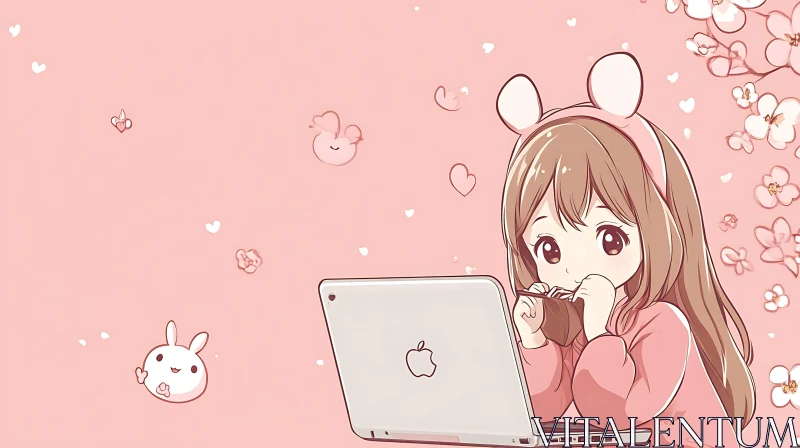 Cute Anime Girl with Laptop and Bunny Ears AI Image