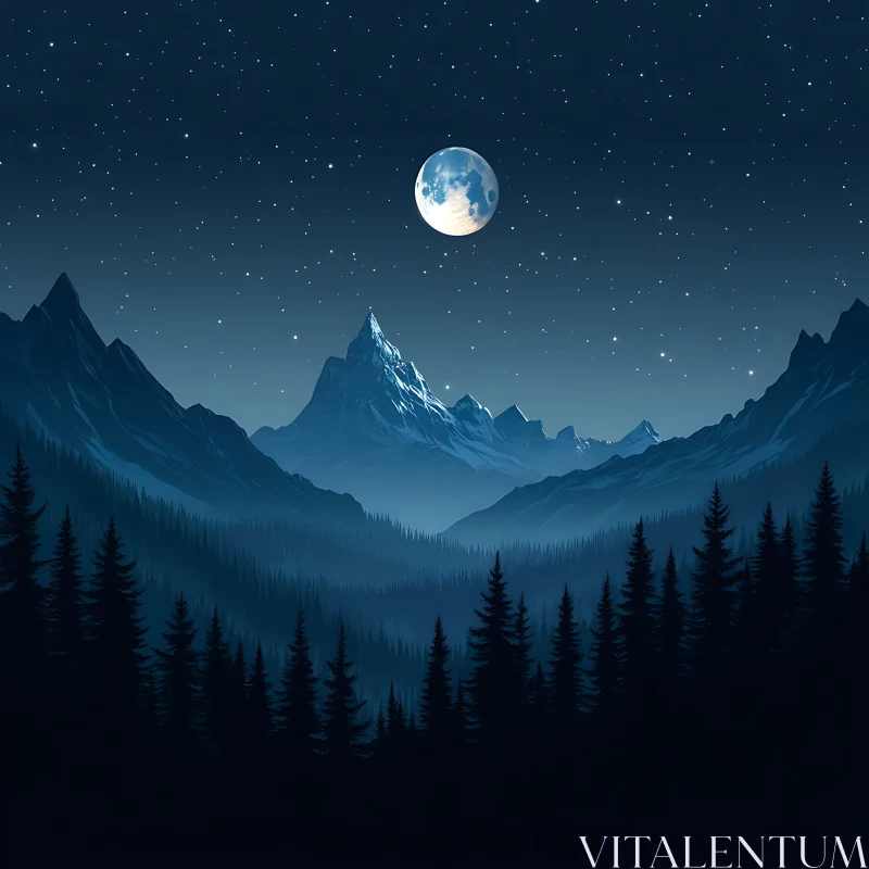 AI ART Night Landscape with Moon, Mountains, and Forest