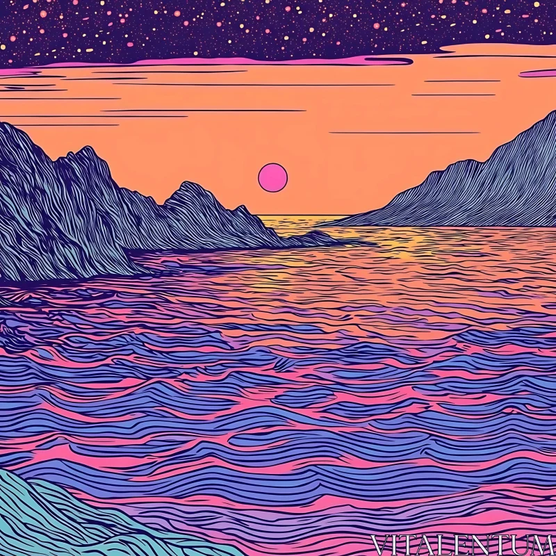 AI ART Pink Sunset Over the Ocean Line Art