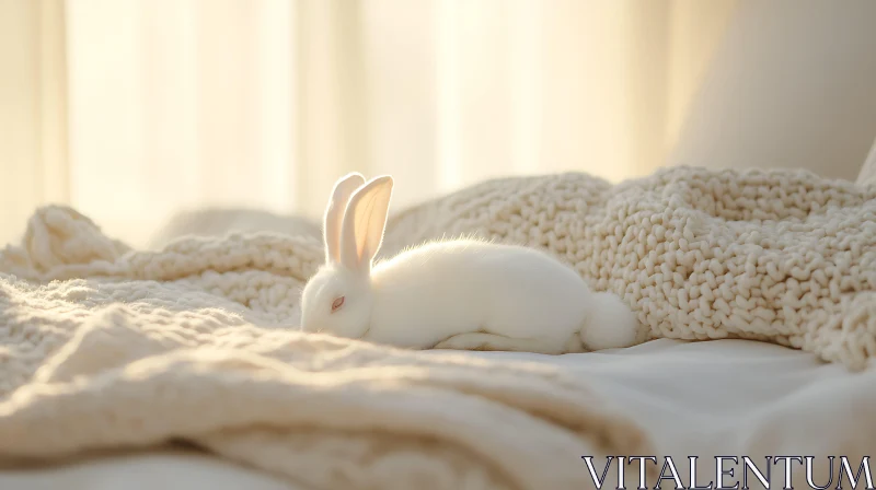 Albino Rabbit Lounging on Bed AI Image