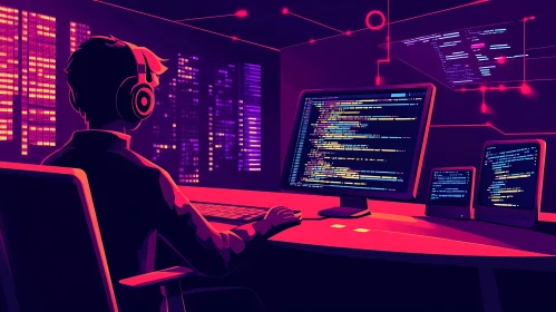 Developer in Cyberpunk Coding Environment